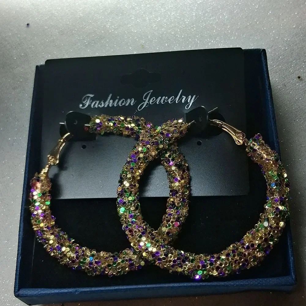 Gold and Multicolor Madi Gras Hoop Earrings New